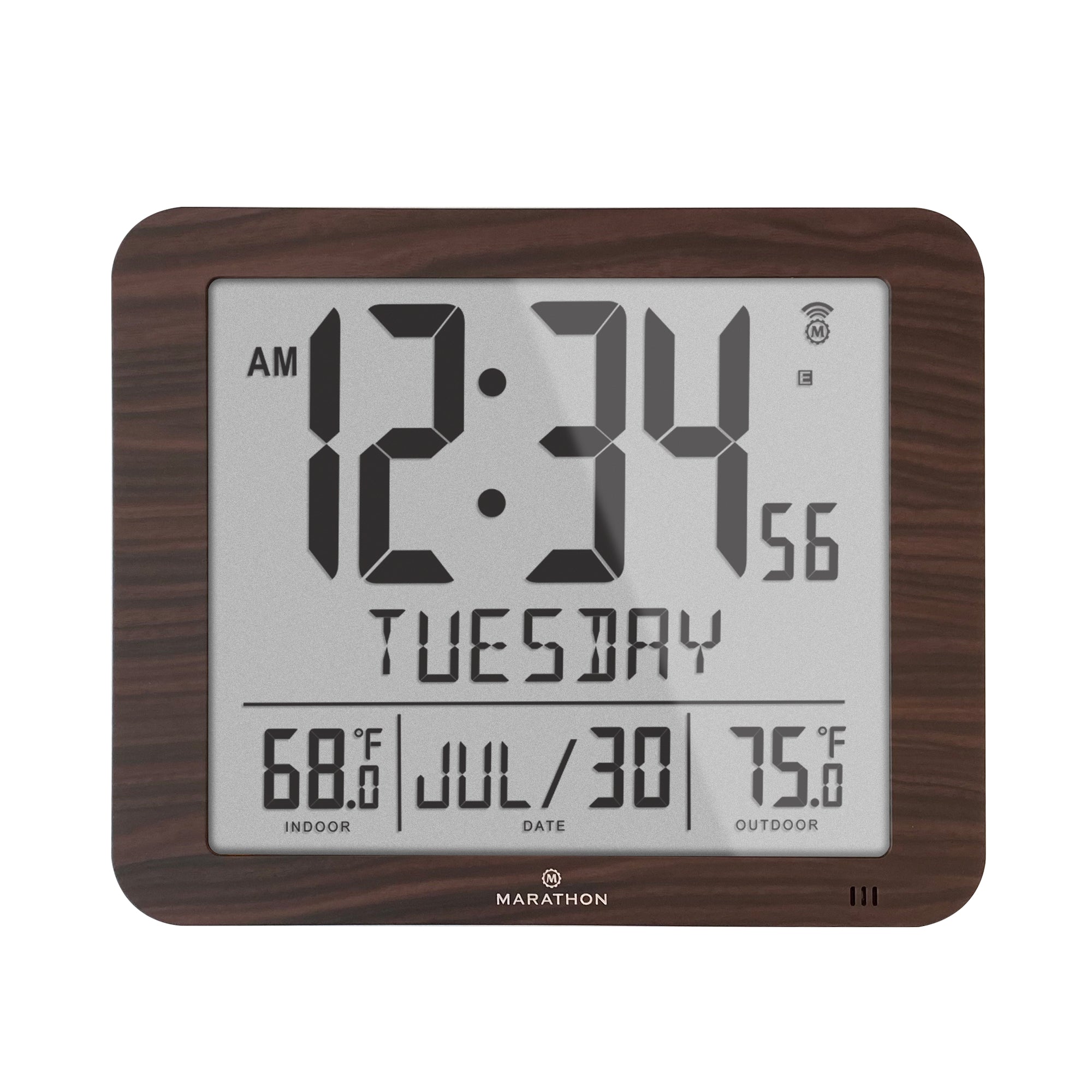 Slim Self-Setting Full Calendar Wall Clock with Indoor/Outdoor Temperature