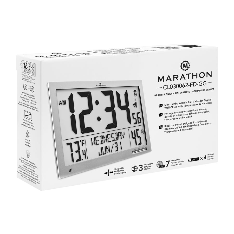 Slim Atomic Full Calendar Wall Clock with Indoor/Outdoor Temperature –  Marathon Watch